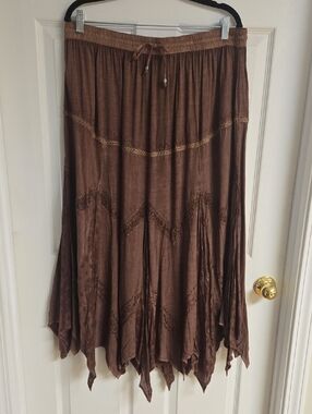 Brown Boho Maxi Skirt with Handkerchief Hem